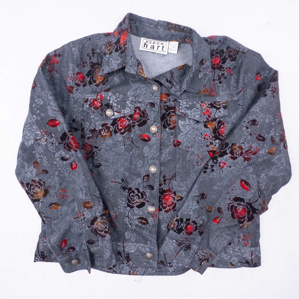 Keren Hart Floral Velvet Burnout Denim Jacket Gray Red Large